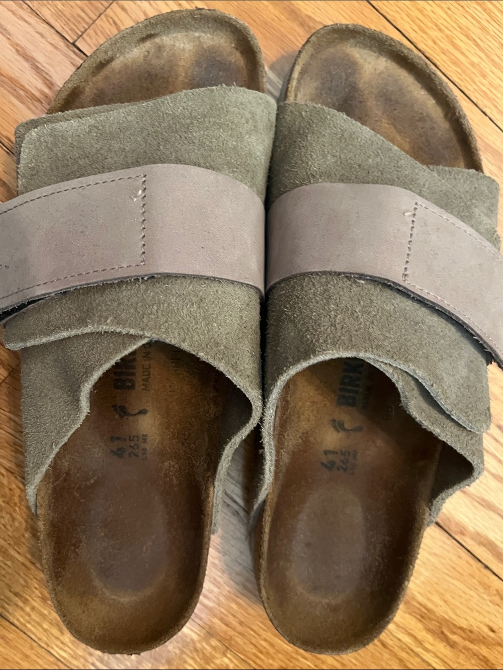 Birkenstock Mens Olive Suede Slide Sandals with Taupe Strap